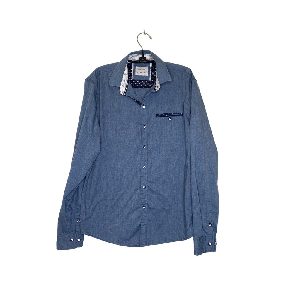 Craft + Flow Dark Blue Long Sleeve Men’s Chambray Casual Shirt EUC Sz Sm Poly